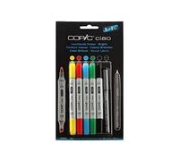 COPIC Ciao 5+1 Set « Brights », 5 marqueurs Twin, avec une pointe moyenne et une pointe Brush, incl. Multiliner Black 0,3 mm