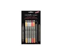 COPIC Ciao 5+1 Set « Pastels », 5 Twin Marker avec une pointe moyenne et une pointe Brush, incl. Multiliner Black 0,3 mm
