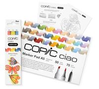 Copic Ciao LAYER & MIX Starter Set Brilliant, Marker Set mit 3 verschiedenen Farben, Markerpapier und Zeichenvorlage zum abpausen, inkl. Kennenlern-Übungsblatt