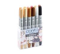 COPIC Ciao Set de 12 marqueurs à encre à alcool permanente double pointe, pointe pinceau ultra souple et large biseautée, rechargeable - Set Couleurs Portrait
