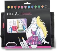 COPIC Classic double face Fine & Chisel 12 marqueurs à alcool, tons vifs dans un étui à crayons
