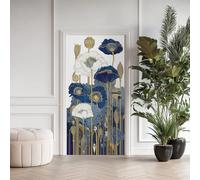 Coquelicot Bleu Foncé Doré Blanc Poster de Porte 3D Trompe L'oeil, Floral Art Auto-Adhésif Sticker Porte pour Chambre Cuisine, Fleur Moderne Élégante Stickers Autocollants de Porte 73x205 cm