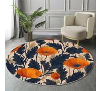 Coquelicot Orange Feuille Bleue Tapis Rond Ø 120 cm Salon Taupe Rond de Couleur Orange Lavable en Machine Plantes Et Fleurs Rétro Descente de Lit AntidéRapant pour Salle à Manger Bureau de Cuisine