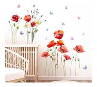 Coquelicots Rouges Stickers Muraux,Papillon Floral Aquarelle Stickers Mural, Auto-adhésives et Amovibles Autocollants Muraux Salon