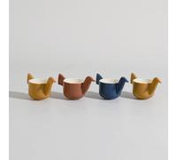 Coquetiers oiseaux (x4) en grès bleu, jaune et marron 11.8x6.5x6.8cm Jaune