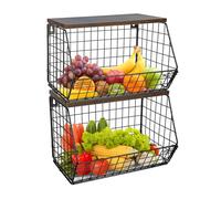 Corbeille à Fruit Murale avec Couvercle en Bois - Panier de Rangement pour Fruits et Légumes 30x20x21cm (2 pièces) Noir