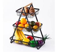 Corbeille a fruit Porte-fruits en Métal 3 Niveaux Panier de Fruits et Legumes Détachable Rangement Cuisine Maison Bureau-Noir