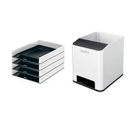 Corbeilles à courrier WOW A4 | Lot de 4 | Empilables | Blanc/Noir | 53611095 + Pot à Crayons Leitz WOW | Amplificateur de Son Smartphone intégré | Blanc/Noir | 53631095