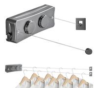 Corde à Linge Rétractable pour Intérieur et Extérieur, 2 x 5.1M Acier Inoxydable Fil a Linge Retractable, Étendoir à Linge Gain de Place (Gris)