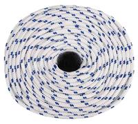 Cordelette en polypropylène pour amarres, ancres et haubans, résistante à l'abrasion et aux intempéries, facile à nouer. Diamètre : 2 mm. Couleur : blanc et bleu. Longueur : 500 mètres