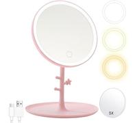Cosmetic Mirror With Led Light, Lighted Makeup Mirror For Makeup, Shaving And Wearing Contact Lenses, 3 Light Colors And Dimmable Brightness (Pink)