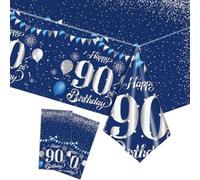 COSORO 2 pièces Nappe Bleu Marine Decor Fête d'anniversaire pour 90 Ans, 137x274cm Nappe Plastique et Rectangulaire Décoration de Table Joyeux Anniversaire pour Homme Femme Décoration Anniversaire