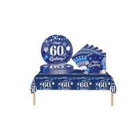 COSORO 37 pièces Ensemble de Vaisselle Bleu Marine Joyeux Anniversaire pour 60 Ans, Nappes Assiettes en Papier et Serviettes Décoration de Table Decor Fête d'anniversaire pour 60 Ans Homme Femme