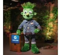 Costume de mascotte REDBROKOLY Guinness vert forêt habillé d une chemise en jean et de montres numériques
