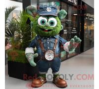 Costume de mascotte REDBROKOLY Guinness vert forêt habillé d une chemise en jean et de montres numériques