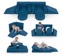 COSTWAY 10 PCS Canapé Modulable Enfant en Mousse et Tissu Suédé Doux, Canapé Convertible 2 Places avec Housses Amovibles et Lavables, Chauffeuse pour Salon Lecture Maternelle (Bleu)