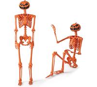 COSTWAY 158cm Squelette d'Halloween, citrouille squelette avec articulations mobiles et corde, décoration d'Halloween grandeur nature, plastique, pour l'intérieur, orange