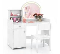 COSTWAY 2 en 1 Bureau Enfant Fille avec Chaise & 120 Lumières LED, Coiffeuse Enfants Fille avec Miroir Acrylique, 2 Etagères & Tiroir, Dispositif Anti-basculement, Charge 50kg pour Enfant de 3 Ans+