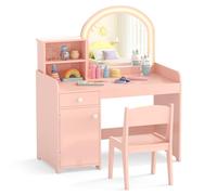 COSTWAY 2 en 1 Bureau Enfants avec Chaise & 120 Lumières LED, Coiffeuse Enfants Fille avec Miroir Acrylique, 2 Etagères & Tiroir, Dispositif Anti-basculement, Charge 50kg pour 3 Ans+ (Rose Clair)