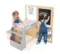 COSTWAY 2 en 1 Bureau Enfants en Bois avec Banc & Etagères, Tableau Enfant Double Face Réglable avec Rouleau de Papier & 5 Craies, Table à Dessin Enfants de 3 Ans+, Charge 50kg (Gris)