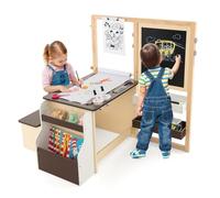 COSTWAY 2 en 1 Bureau Enfants en Bois avec Banc & Etagères, Tableau Enfant Double Face Réglable avec Rouleau de Papier & 5 Craies, Table à Dessin Enfants de 3 Ans+, Charge 50kg (Café)