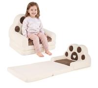 COSTWAY 2 en 1 Canapé-lit Enfant avec Motif Patte d'ours (Marron) | Housse Amovible & Lavable, Poche de Rangement, Fauteuil Enfant Convertible en Tissu Velours Coton pour 18-36 Mois