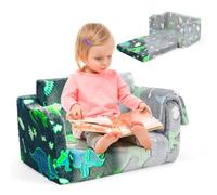 COSTWAY 2 en 1 Canapé-lit Enfant Brillant dans Le Noir avec Motif Dinosaure & Couverture, Fauteuil Enfant Convertible en Flanelle ave Housse Amovible & Lavable, Chaise Longue pour 3 Ans+ (Gris)