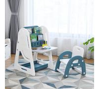 COSTWAY 2 en 1 Chevalet pour enfants & ensemble de sièges pour enfants avec bibliothèque, table & chaise pour enfants avec rangement et plateau rabattable, tableau magnétique sur pied avec accessoires