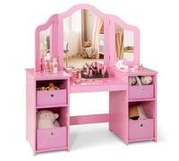 COSTWAY 2 en 1 Coiffeuse Enfant avec Miroir Amovible à Trois Volets, 4 Compartiments et Bacs de Stockage, Rose pour 3 Ans+