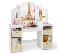 COSTWAY 2 en 1 Coiffeuse Enfant avec Miroir Amovible à Trois Volets, 4 Compartiments et Bacs de Stockage, Blanc pour 3 Ans+