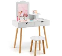COSTWAY 2 en 1 Coiffeuse Enfant avec Miroir Rectangulaire Amovible & Tabouret Mignon, Table de Maquillage Princesse avec 2 Grands Tiroirs & Étagère, Charge 20/40kg pour Enfants de 3-7 Ans