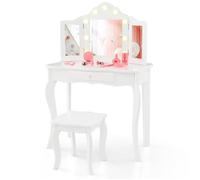 COSTWAY 2 en 1 Coiffeuse Enfant avec Tabouret, Miroir Éclairé LED 3 Couleurs Pliant en Verre Véritable, Tiroir, Blanc