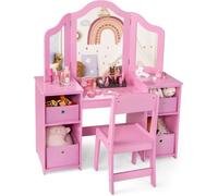 COSTWAY 2 en 1 Coiffeuse Enfant et Chaise avec Miroir Amovible à Trois Volets, 4 Compartiments et Bacs de Stockage, Rose pour 3