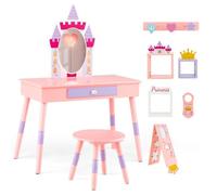 COSTWAY 2 en 1 Coiffeuse Enfants avec Tabouret, avec Miroir Détachable, Style Princesse, 1 Tiroir et 3 Cubes, Charge 30 KG, Rose