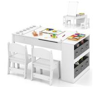 COSTWAY 2 en 1 Table Enfant avec 2 Chaises & Plateau Inclinable, Bureau Enfants en Bois avec 6 Boîtes de Rangement & Rouleau de Papier, Charge 91/75kg pour Jouer Dessiner Manger(Blanc)