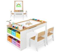 COSTWAY 2 en 1 Table Enfant avec 2 Chaises & Plateau Inclinable, Bureau Enfants en Bois avec 6 Boîtes de Rangement & Rouleau de Papier, Charge 91/75kg pour Jouer Dessiner Manger (Naturel)