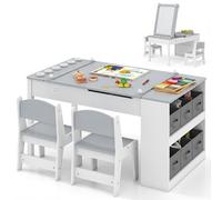 COSTWAY 2 en 1 Table Enfant avec 2 Chaises & Plateau Inclinable, Bureau Enfants en Bois avec 6 Boîtes de Rangement & Rouleau de Papier, Charge 91/75kg pour Jouer Dessiner Manger(Gris)