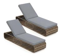 COSTWAY 2pcs Chaise Longue Jardin Exterieur Rotin PE avec Coussin, Bain de Soleil Inclinable à 7 Positions, Charge 180kg, Rangement Inférieur, Transat pour Jardin Piscine Terrasse, 185×65×86cm, Gris