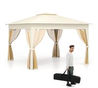 COSTWAY 3,3x3,3m Pavillon, Pop Up Pliable avec 4 moustiquaires, double toit & sac de transport, pavillon de jardin Tente de réception imperméable stable Beige