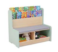 COSTWAY 3 en 1 Banc Enfant en Bois en Forme Grenouille, Chaise Enfant avec Bibliothèque et 2 Compartiments Ouverts, Coussin Lavable, Coffre à Jouets pour Salle de Jeux Coin Lecture, 3 Ans+ (Vert)