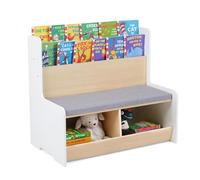 COSTWAY 3 en 1 Banc Enfant en Bois en Forme Grenouille, Chaise Enfant avec Bibliothèque et 2 Compartiments Ouverts, Coussin Lavable, Coffre à Jouets pour Salle de Jeux Coin Lecture, 3 Ans+ (Blanc)