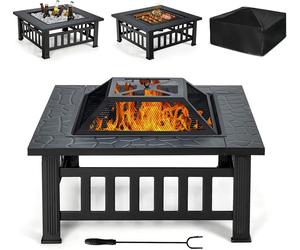 COSTWAY 3 en 1 Bol à feu, Foyer d'extérieur 81 x 81 cm, Panier à feu carré pour jardin arrière-cour terrasse balcon, avec grille/ gril/ tisonnier/ couvercle, pour pique-nique & feu de camp