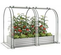 COSTWAY 3 en 1 : jardinière surélevée en métal avec serre, couverture en PVC et 2 fenêtres, serre en plastique, bac à semis pour herbes aromatiques, parterre de fleurs, 180 x 100 x 145 cm, couleur arg