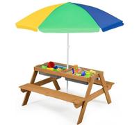 COSTWAY 3 en 1 Table de pique-nique pour enfants avec parasol & bancs, Ensemble de sièges pour enfants en bois avec plateau de table amovible & 2 boîtes de jeu, Ensemble de meubles pour enfants pour j
