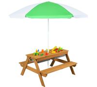 COSTWAY 3 en 1 Table de pique-nique pour enfants avec parasol & bancs, Ensemble de sièges pour enfants en bois avec plateau de table amovible & 2 boîtes de jeu, Ensemble de meubles pour enfants pour j