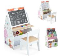 COSTWAY 3 en 1 Table Enfants avec Chaise et Tableau Double Face & Réglable, Table à Dessin avec Bac en Tissu & Motif d'animaux, Bibliothèque pour Jouets Livres, Charge 50/10kg(Blanc)