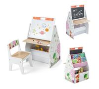 COSTWAY 3 en 1 Table et Chaise Enfants, Double Face-Tableau Blanc et Noir Magnétique, avec Bac en tissu & Étagère Rangement, Blanc