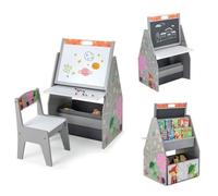 COSTWAY 3 en 1 Table et Chaise Enfants, Double Face-Tableau Blanc et Noir Magnétique, avec Bac en tissu & Étagère Rangement, Gris