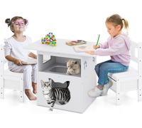 COSTWAY 3TLG. Table pour enfants avec 2 chaises & maison de chat, Ensemble de chaises pour enfants avec 2 tiroirs en tissu, Ensemble de chaises pour enfants, Table à dessin pour enfants à partir de 3+