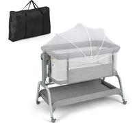 COSTWAY 4 en 1 Lit bébé avec moustiquaire, Berceau & Lit d'appoint & Poussette & Lit de voyage avec matelas, 6 hauteurs réglables, Sac de transport, Lit mobile pliable pour bébé jusqu'à 6 mois (Gris)